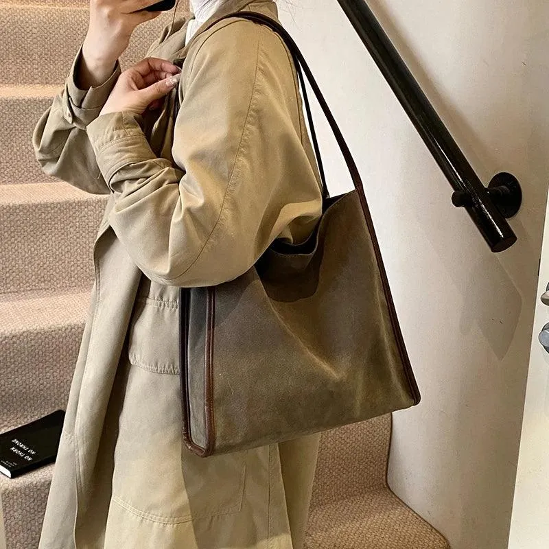 Nubuck Leather Tote Bags Women Medium Snap Unlined Solid Shoulder Bags