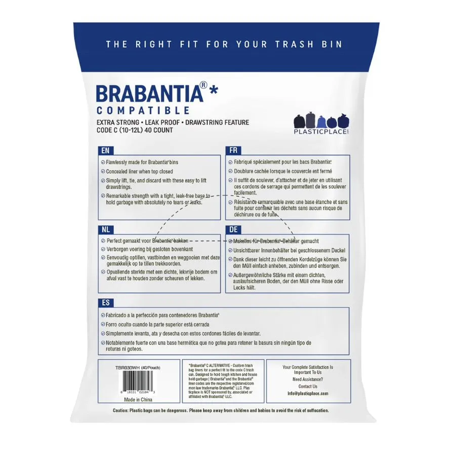 Plasticplace 2.6-3.2 Gallon Brabantia (x) Compatible Code C Trash Bag, 1.0 Mil, White Bin Liner, 15"W x 19"H, (40 Case)