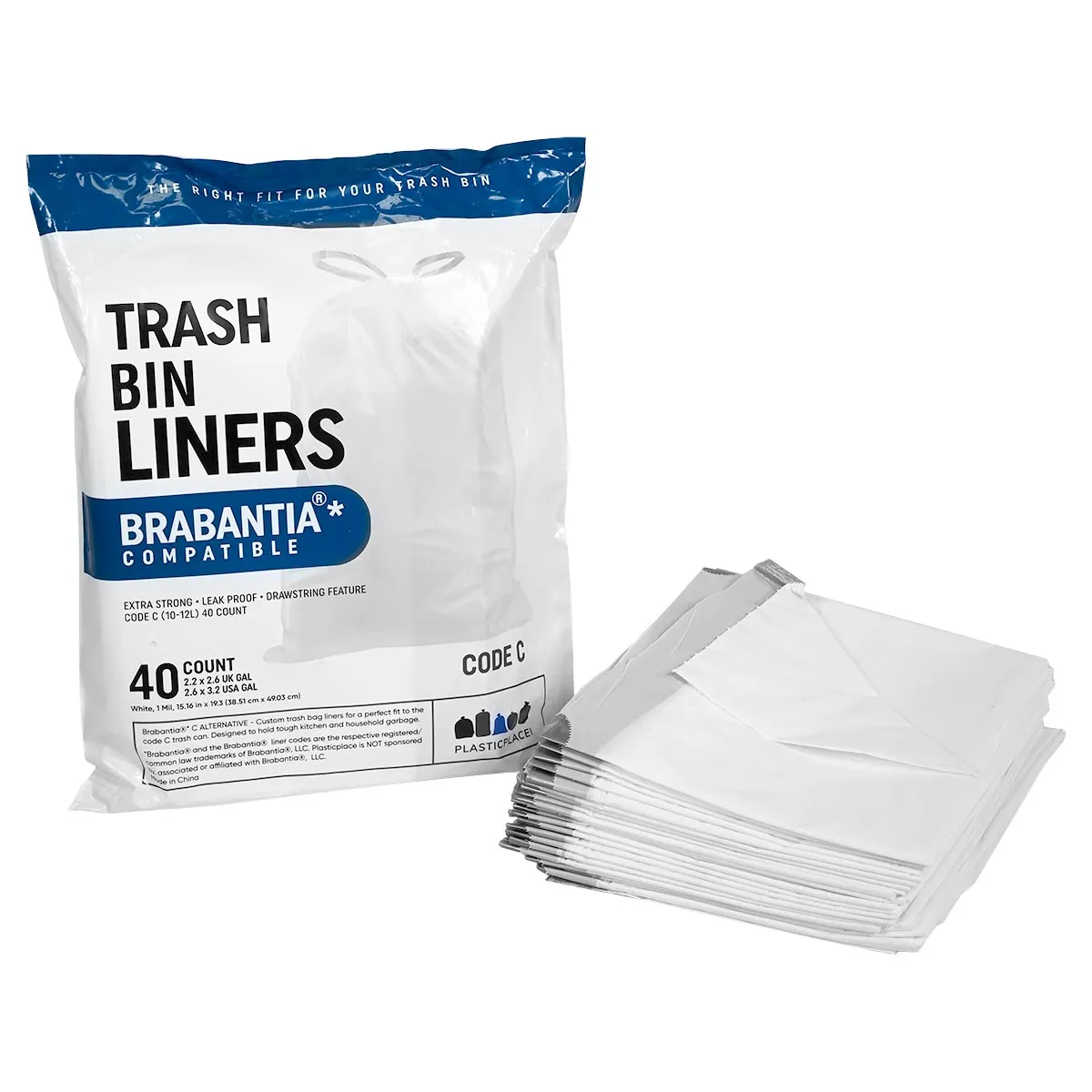 Plasticplace 2.6-3.2 Gallon Brabantia (x) Compatible Code C Trash Bag, 1.0 Mil, White Bin Liner, 15"W x 19"H, (40 Case)