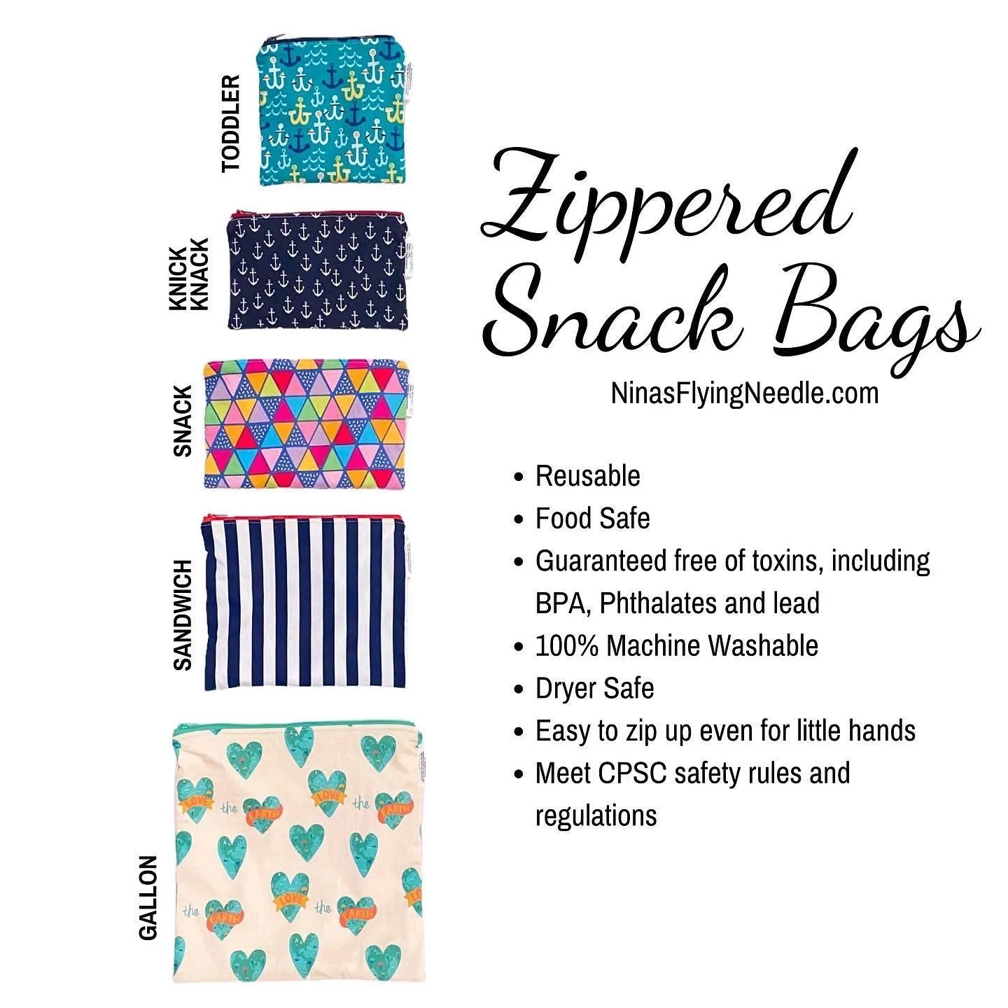 Snack Sized Reusable Zippered Bag Stripes Green White