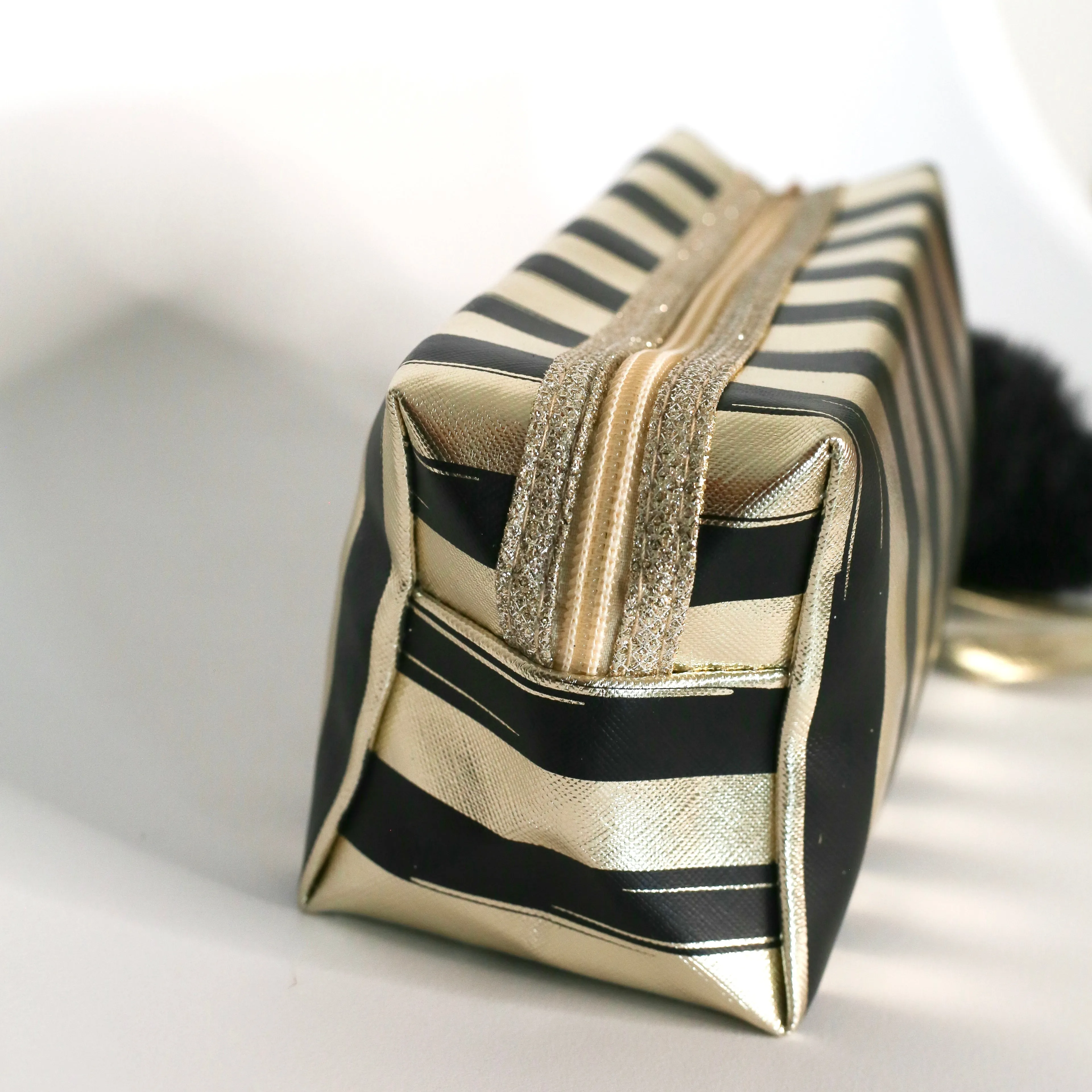 Stripy Make Up Bag - Black