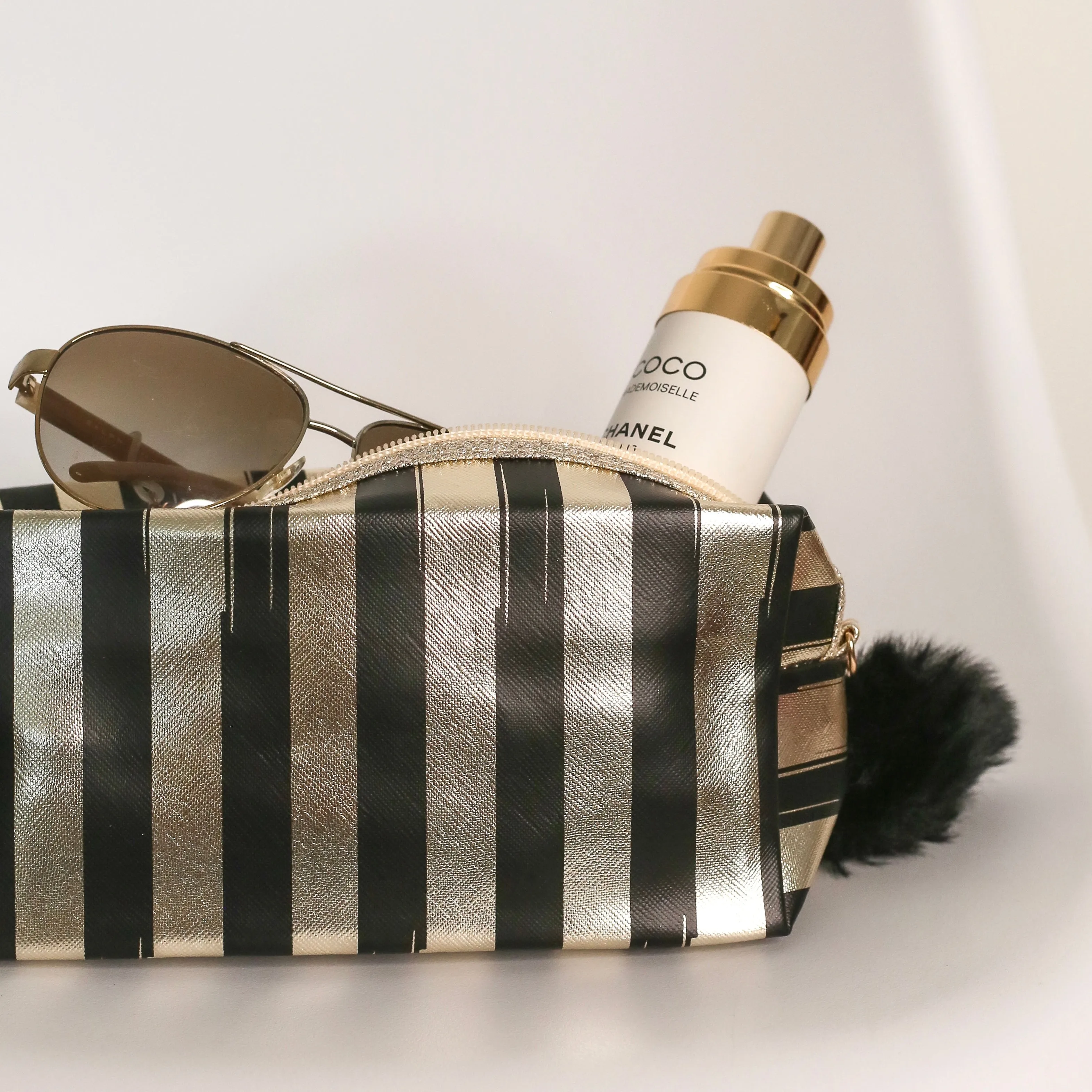 Stripy Make Up Bag - Black