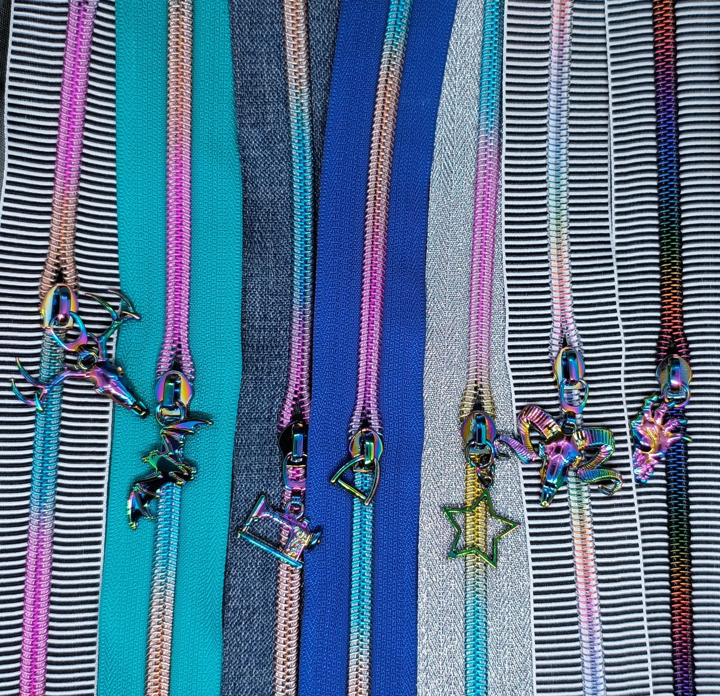 Thin Black and White stripes with Dark Rainbow Gradient Teeth Zipper Tape